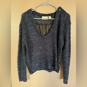 Navy Blue Knit Sweater with V-Neck